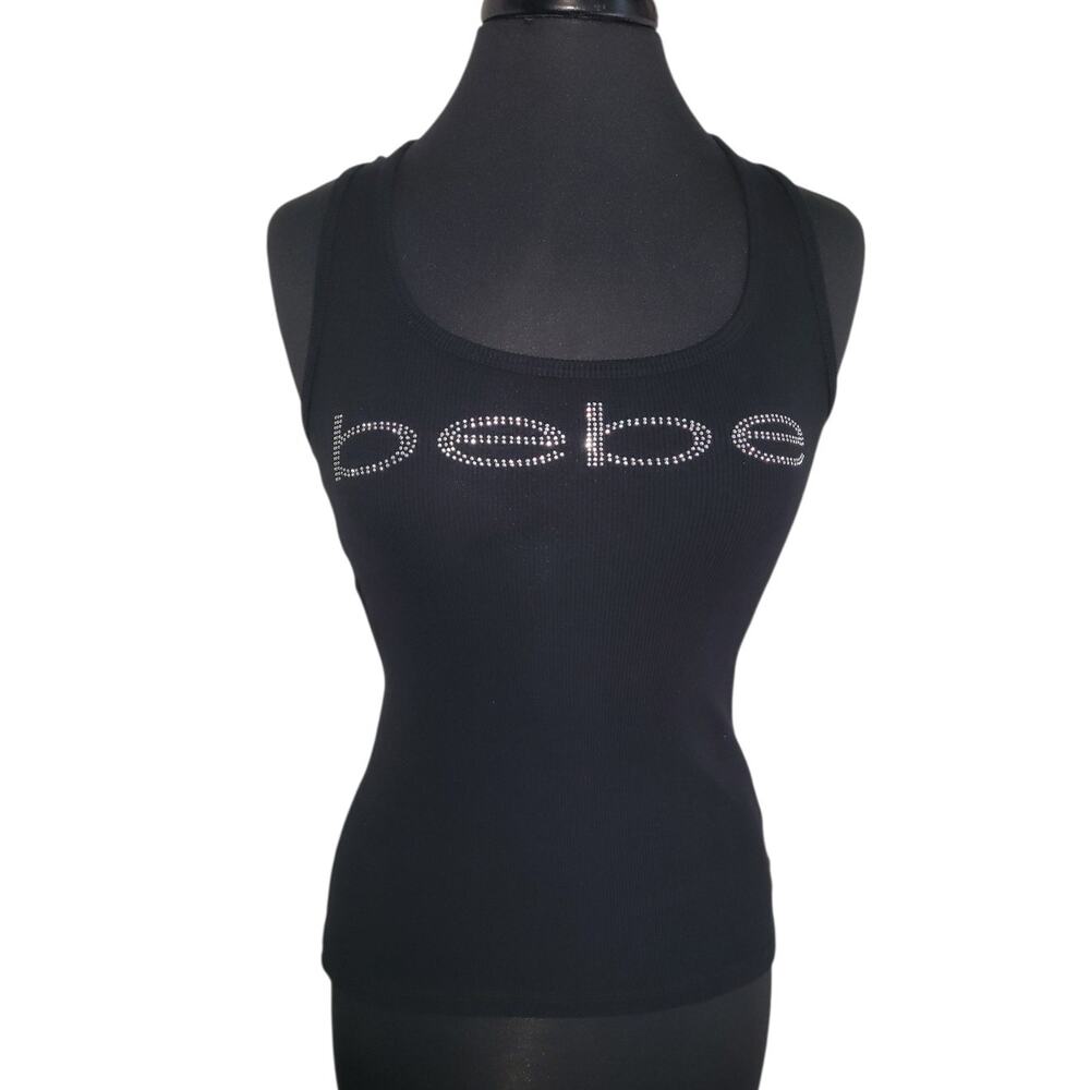 Vintage Bebe Rhinestone Tank Top Cutout Back USA Y2K Black
